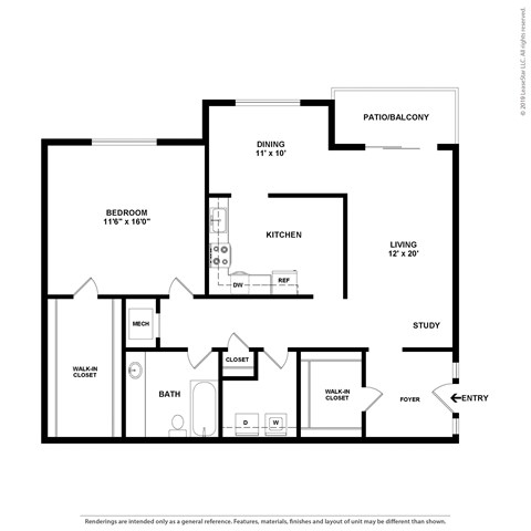 Floor plan for 1 bed, 1 bath, 981 sqft